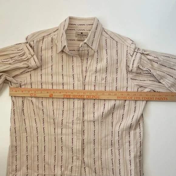 Vtg Woolrich Women’s Cream Burgundy/Red Tan Striped Cotton Button-Up Shirt Sz L - Picture 11 of 15
